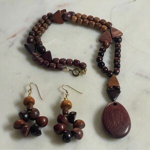 Elegant Wooden Bead Necklace and Earring Set